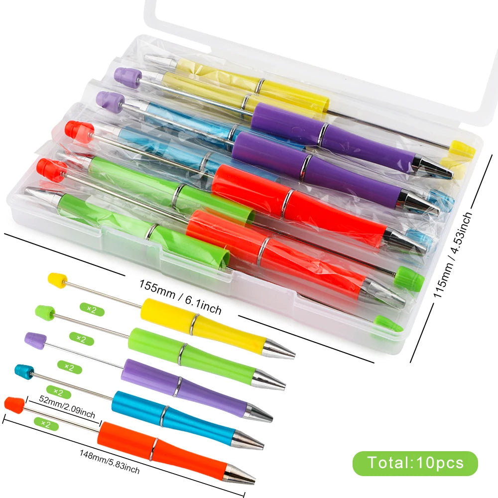 A kit of ten ballpoint pens in various colors including purple, yellow, green, and red, packaged in a clear plastic case.