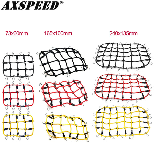 Various colored elastic roof rack luggage nets for RC crawler trucks shown in a grid layout