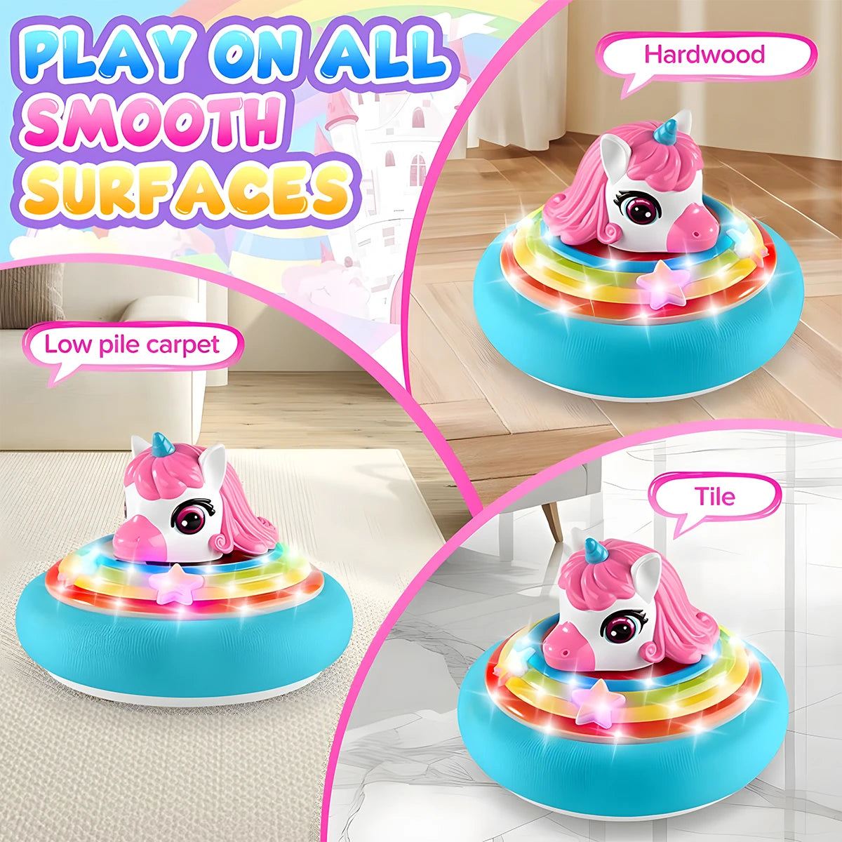 Unicorn hover soccer ball with LED lights and music resting on various smooth surfaces like hardwood and tile.
