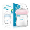 A clear baby bottle with a pink cap and handle is shown next to its packaging box.