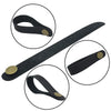 Black leather guitar strap button with a brass metal fastener shown in various angles.