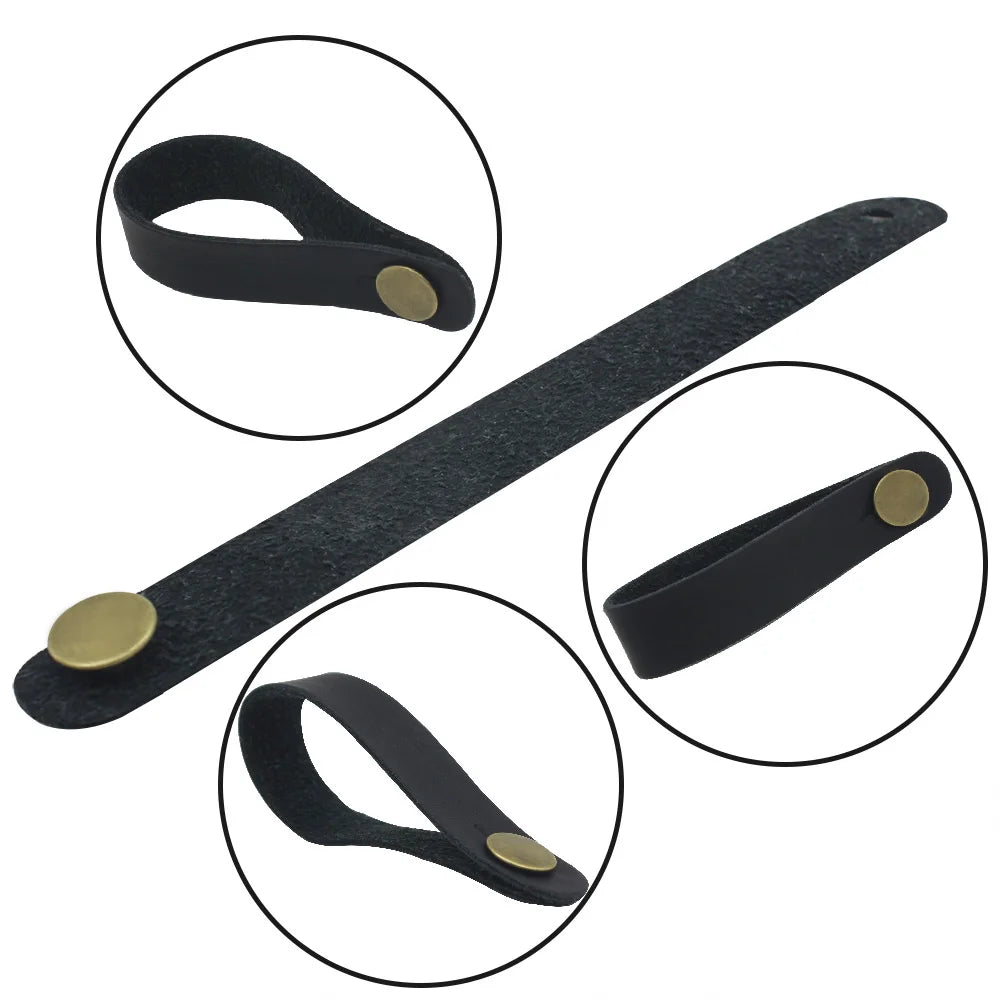 Black leather guitar strap button with a brass metal fastener shown in various angles.