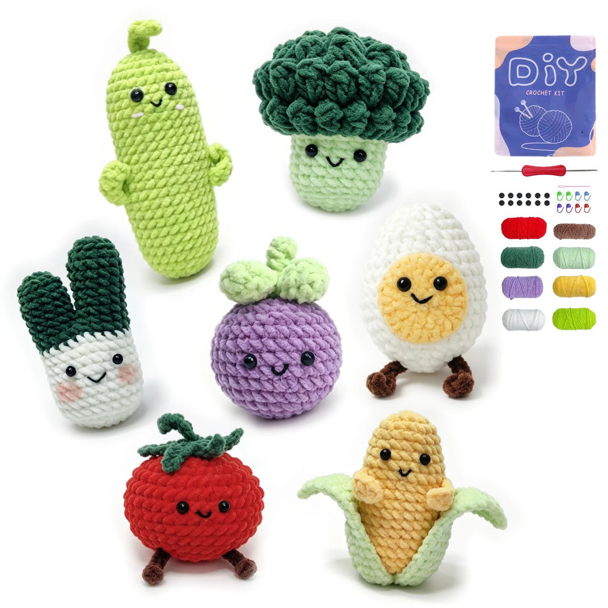 A set of seven crocheted amigurumi animals including a cactus, broccoli, avocado, kiwi, purple plum, and a strawberry.