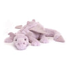 A soft lavender rainbow dragon plush pillow with a snout and wings.