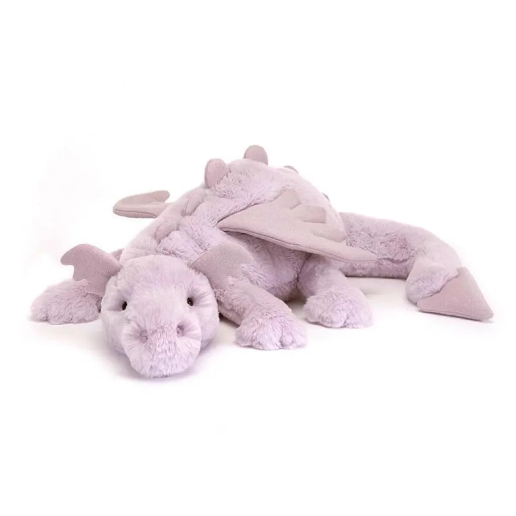A soft lavender rainbow dragon plush pillow with a snout and wings.