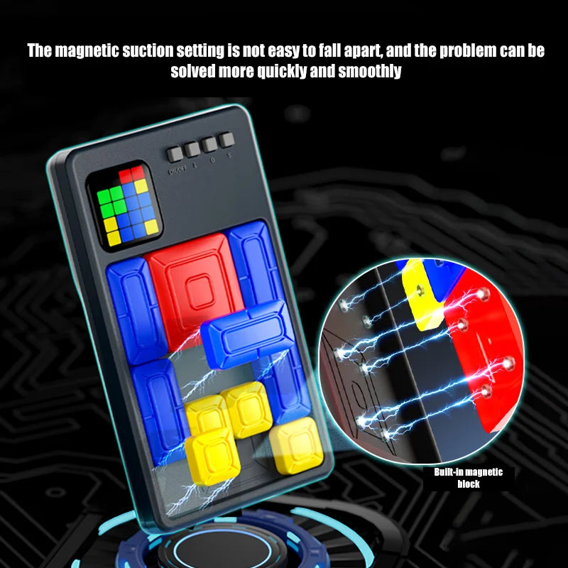 A slide puzzle brain teaser game showing a magnetic block setup with colorful pieces and a magnetic suction feature.