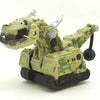 A die-cast dinosaur truck toy in olive green with a removable dino figure.