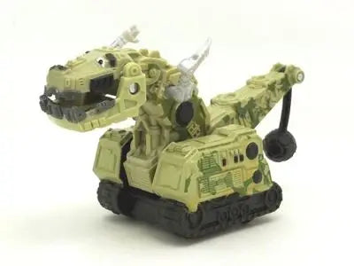 A die-cast dinosaur truck toy in olive green with a removable dino figure.