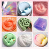 A collection of colorful, translucent slime and putty products in various shades including pink, purple, green, and clear.
