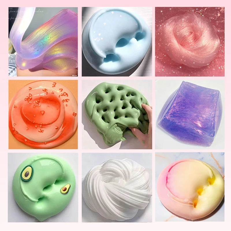 A collection of colorful, translucent slime and putty products in various shades including pink, purple, green, and clear.