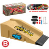A skateboard park set featuring ramps, rails, and a wooden deck with yellow and black graphic design.