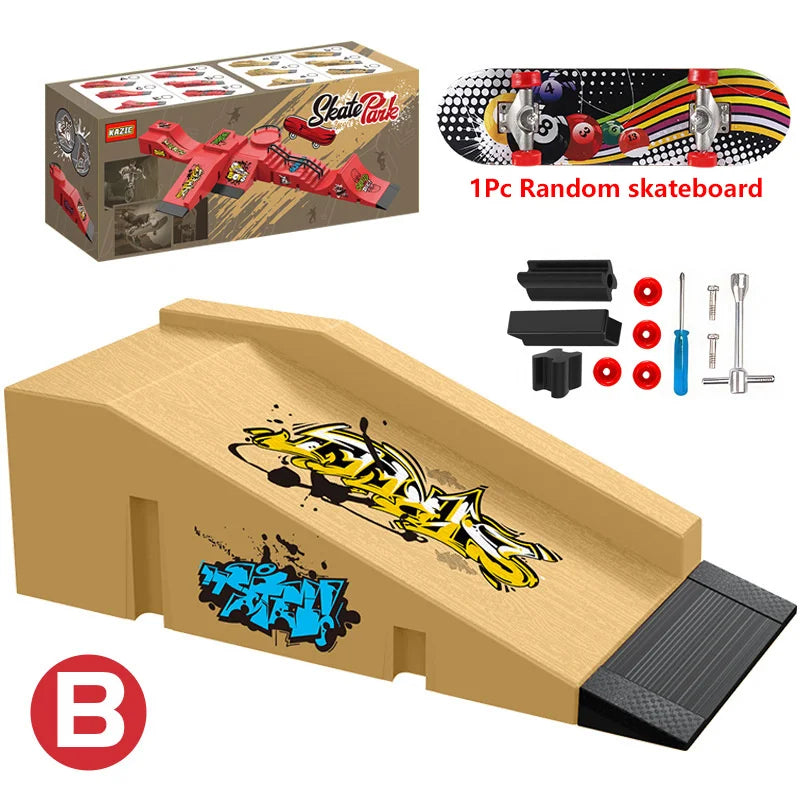 A skateboard park set featuring ramps, rails, and a wooden deck with yellow and black graphic design.