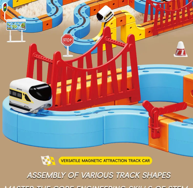 A versatile magnetic attraction track car set featuring various track shapes and components for building trains.