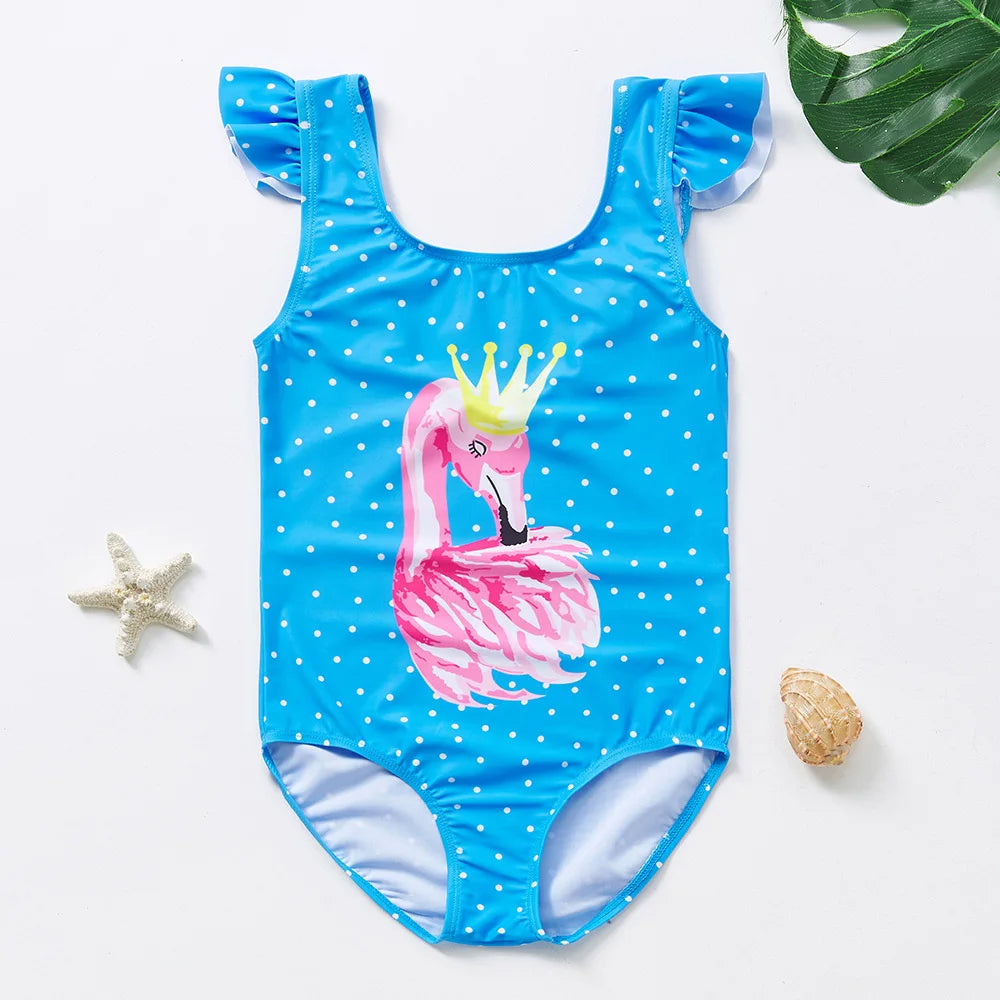 Blue one-piece swimsuit for a child featuring a pink flamingo unicorn design