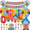 A collection of colorful balloons, banners, and decorations for a circus clown themed birthday party.