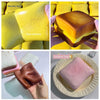 A collection of squishy toast stress relief toys in yellow and pink colors showing slow recovery and various textures.