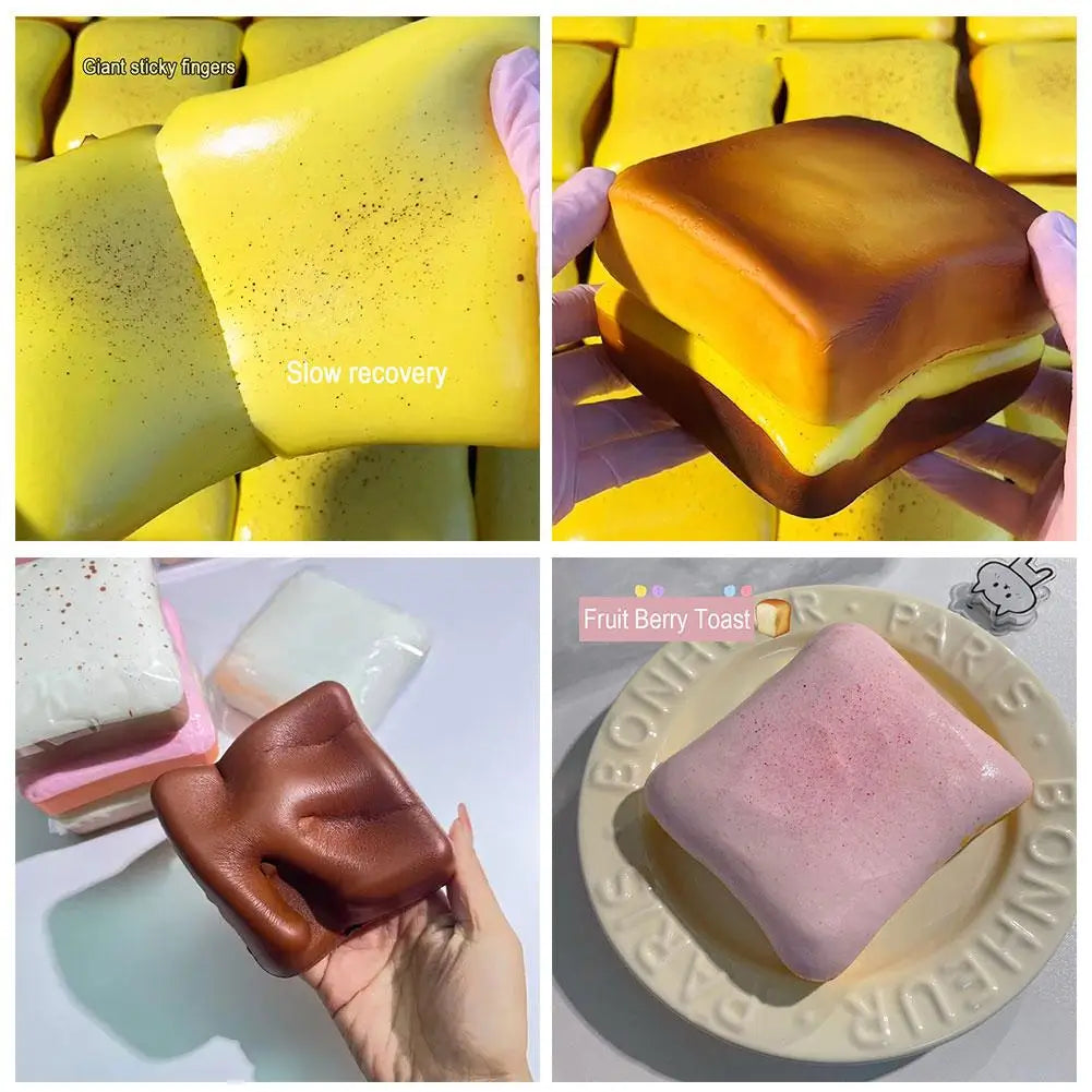 A collection of squishy toast stress relief toys in yellow and pink colors showing slow recovery and various textures.