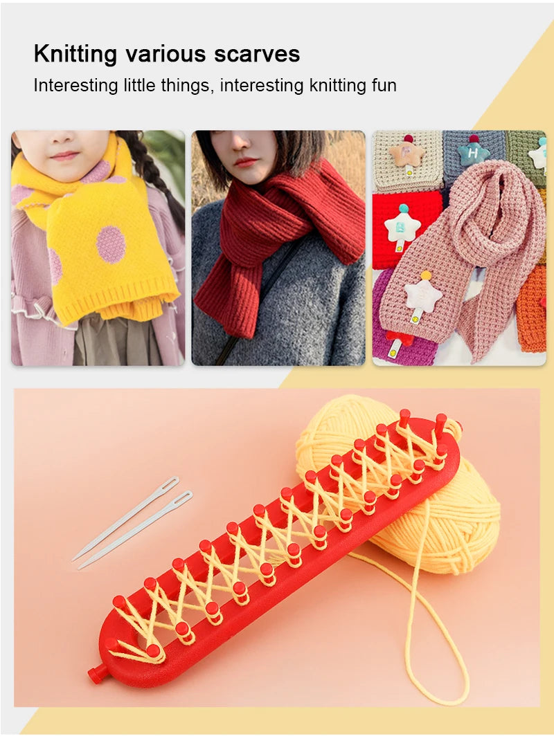 A red knitting loom with crochet hooks and yarn is shown next to knitted scarves and hats.