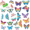 A collection of sparkling diamond painting stickers featuring various floral and butterfly designs in colorful hues.