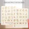 A wooden letter tracing board showing uppercase and lowercase letters for early learning