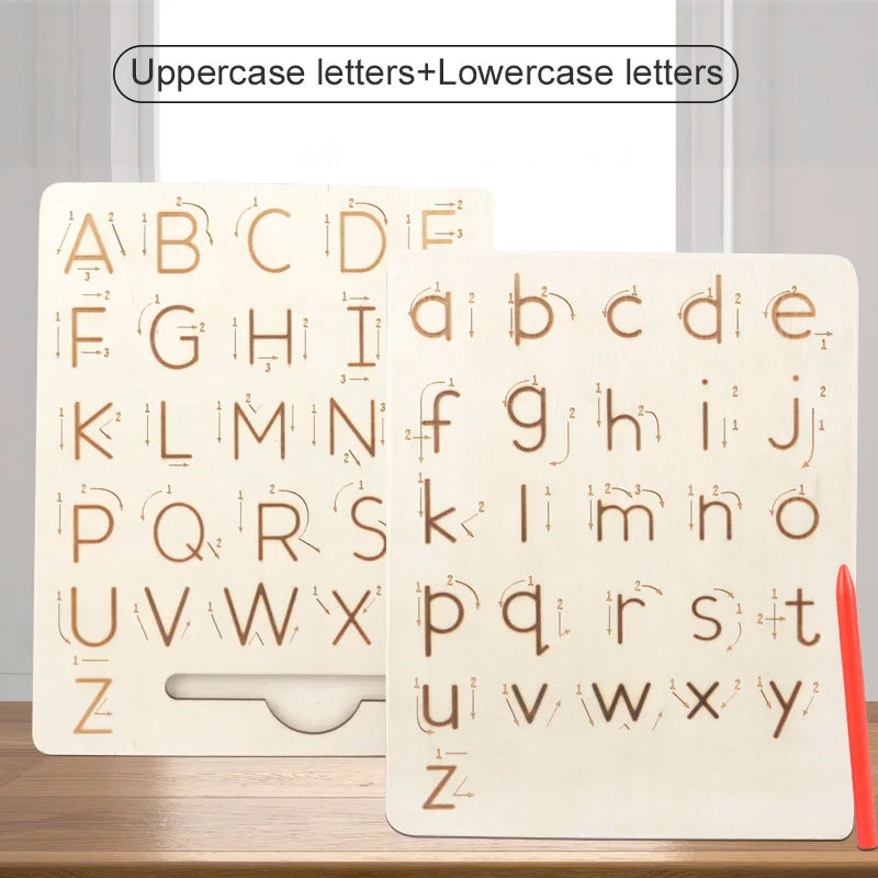 A wooden letter tracing board showing uppercase and lowercase letters for early learning