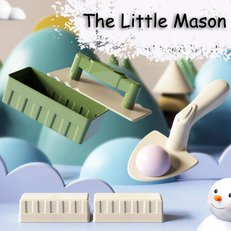 A set of plastic tools for building a little mason sand castle, including a green mold and a beige shovel.