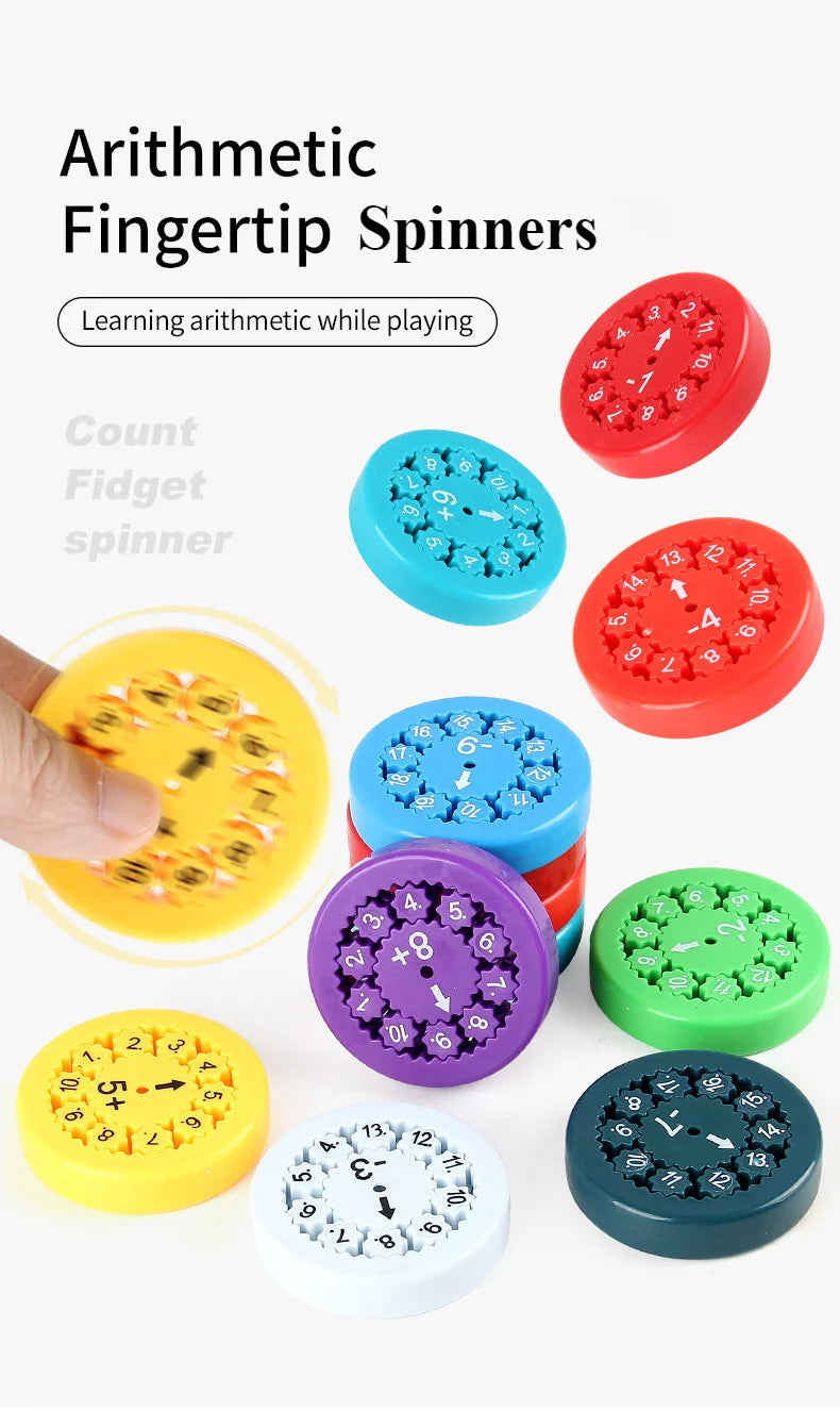 A collection of arithmetic fingertip spinners in various colors and shapes, including a count fidget spinner and a number spi