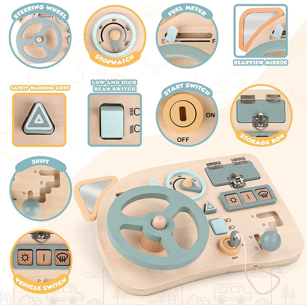 Montessori wooden steering wheel sensory toy with various switches and mirrors for learning