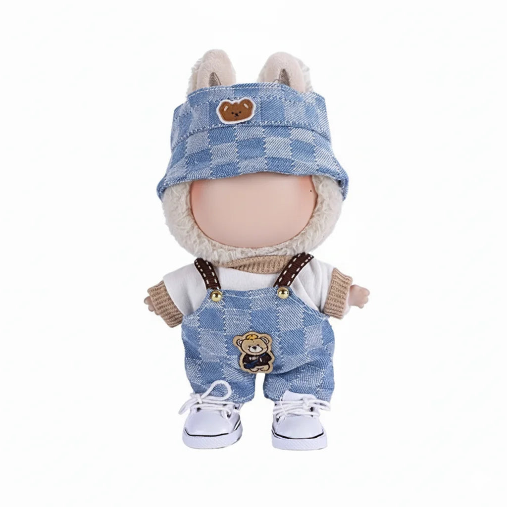 17cm Labubu Doll Clothing Set – Striped Overalls, Vest, and Hat