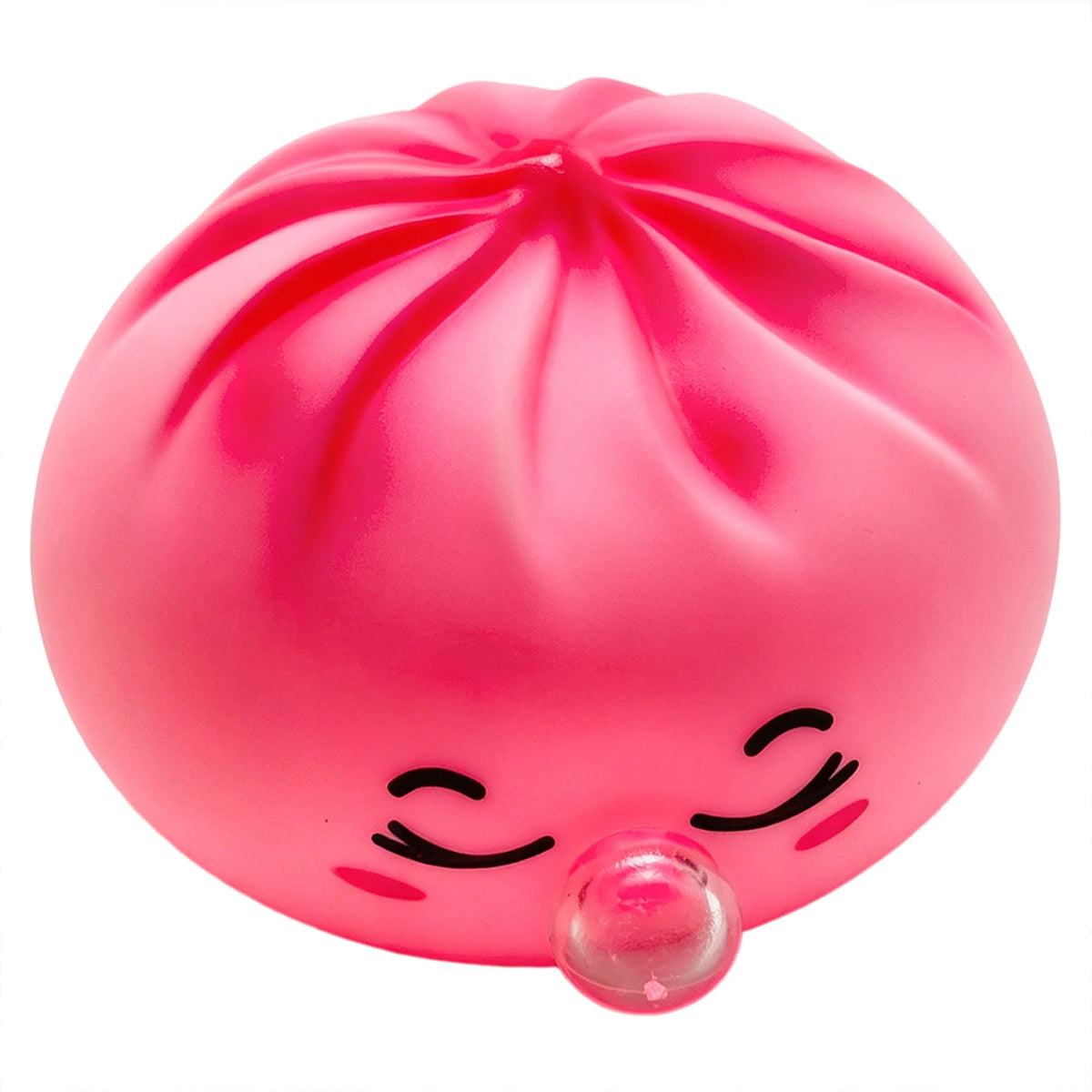 A bright pink, squishy dumpling-shaped stress relief toy with closed eyes and a protruding nose.