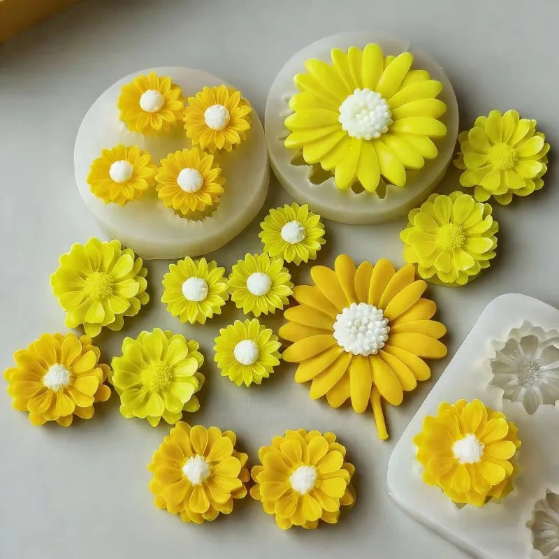 Yellow silicone molds shaped like sunflowers for candle making and soap crafting
