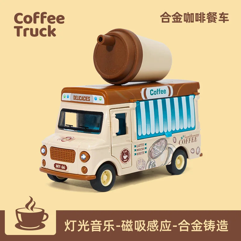 A 1:36 scale coffee truck model featuring a brown barrel and white body with blue stripes.