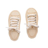 Pair of light beige wooden lacing shoes for fine motor skills development