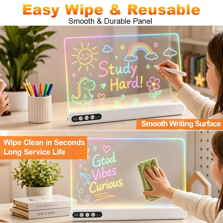 A glowing LED drawing board is shown being used for studying, with a hand writing on the smooth surface.
