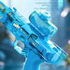 A close-up shot of a blue Z-Lock electric water gun being used in water, showing the trigger and barrel.