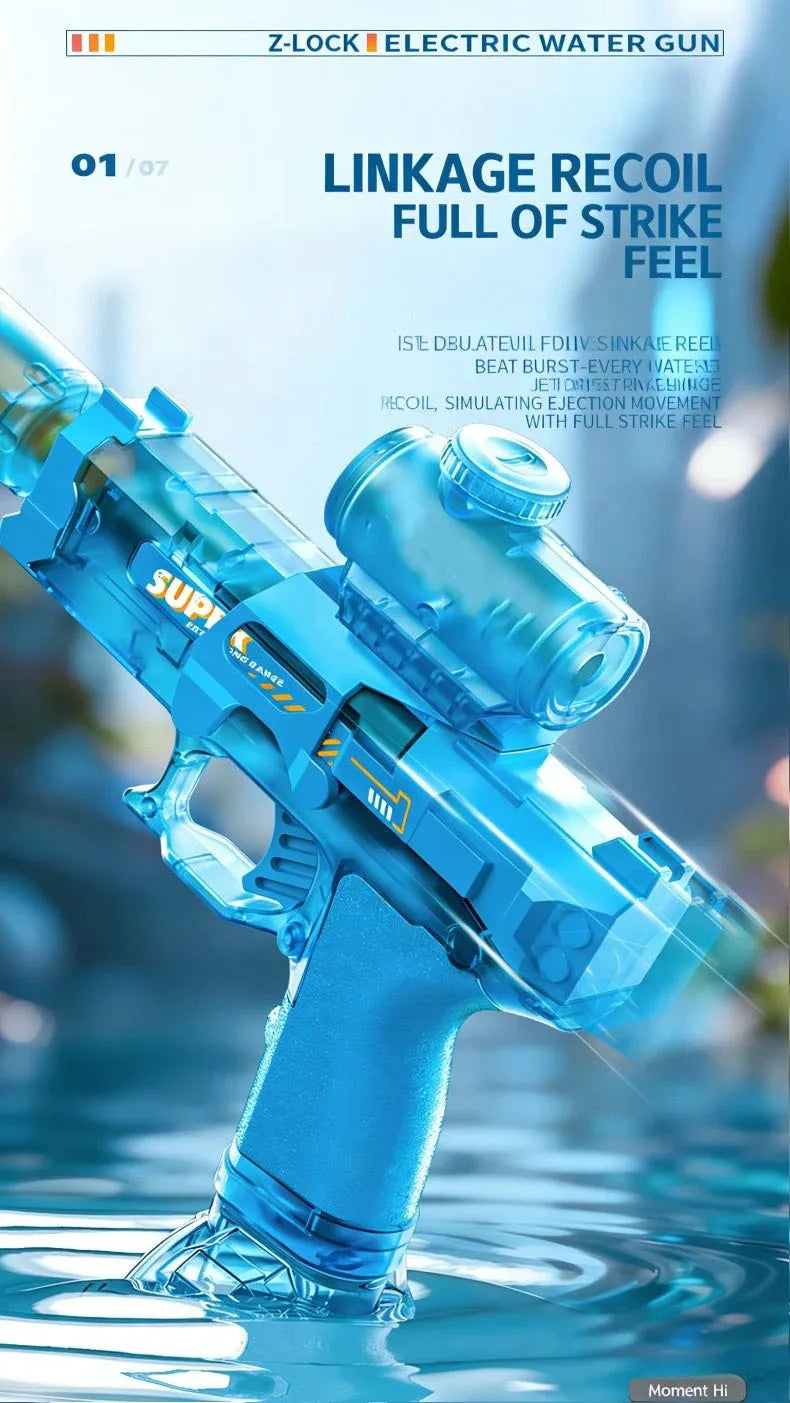 A close-up shot of a blue Z-Lock electric water gun being used in water, showing the trigger and barrel.