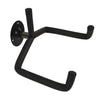 Black metal guitar wall mount hanger with a curved arm and mounting plate.