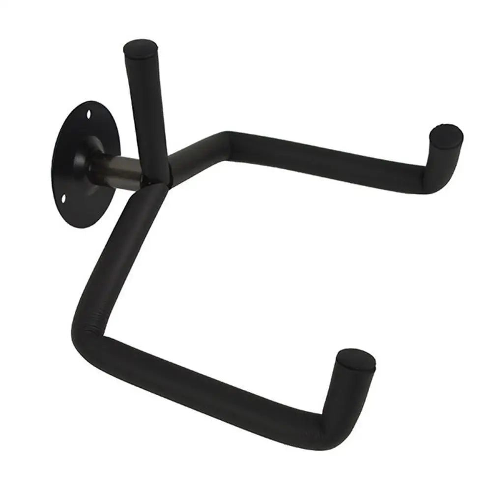 Black metal guitar wall mount hanger with a curved arm and mounting plate.