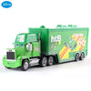 A green die-cast toy hauler truck with a green cab and a large trailer, featuring the htB logo and 'Chick Hick 86' text.