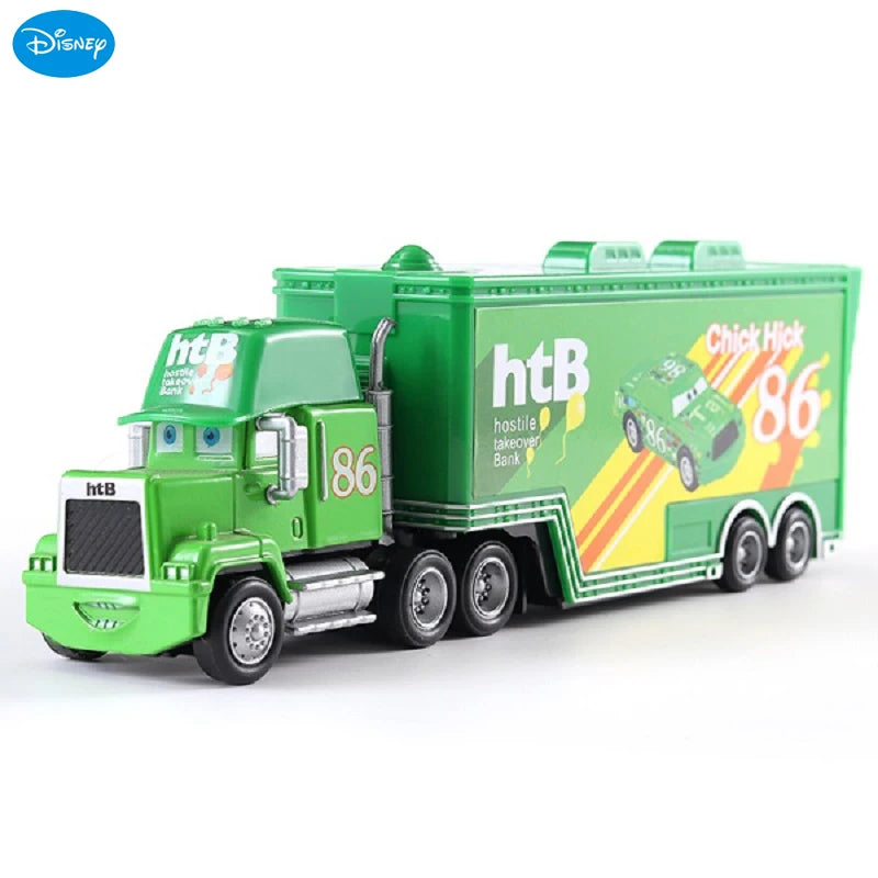 A green die-cast toy hauler truck with a green cab and a large trailer, featuring the htB logo and 'Chick Hick 86' text.