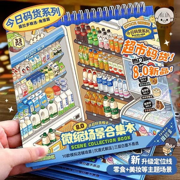 A box of 10-in-1 decorative shelf stickers and DIY scene kits featuring various food items and colorful packaging.