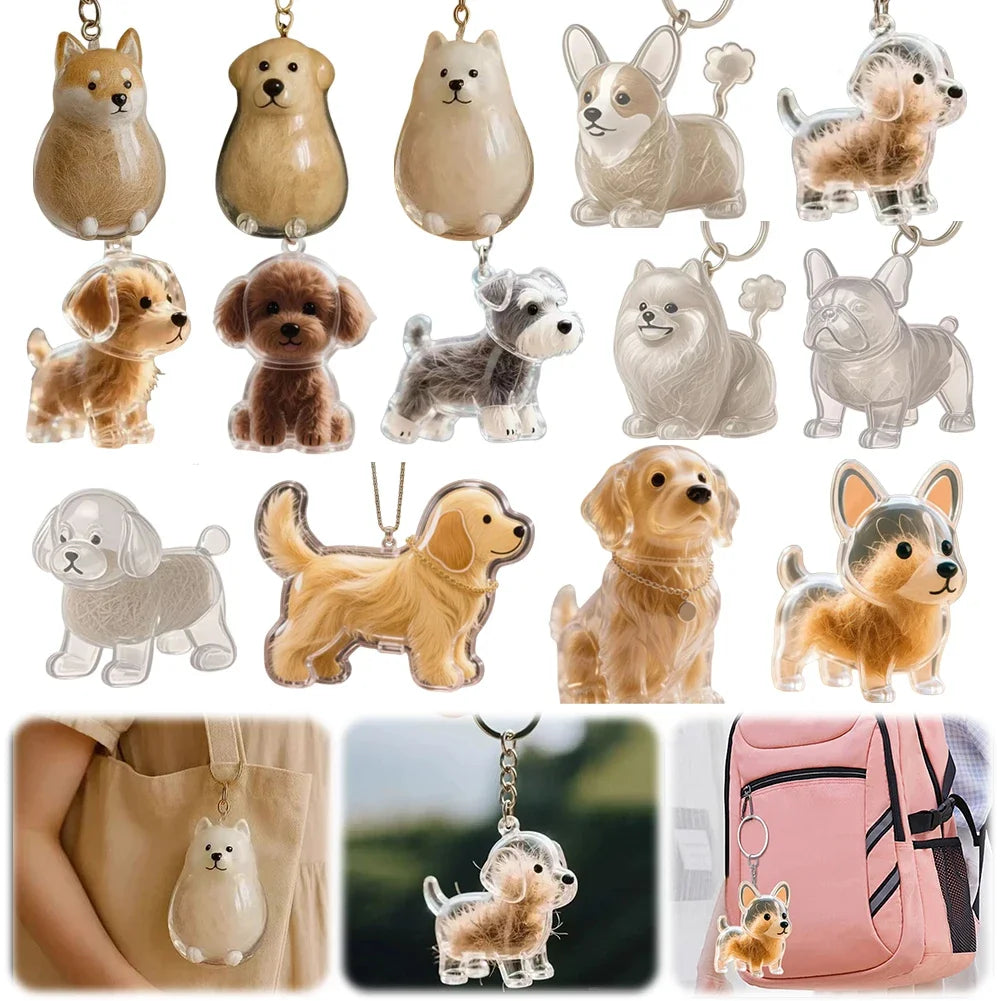 A collection of dog-shaped pet hair keepsakes and keychains in various natural and gray tones.