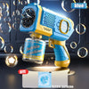 A blue electric bubble machine toy is shown with a bottle and surrounding bubbles.