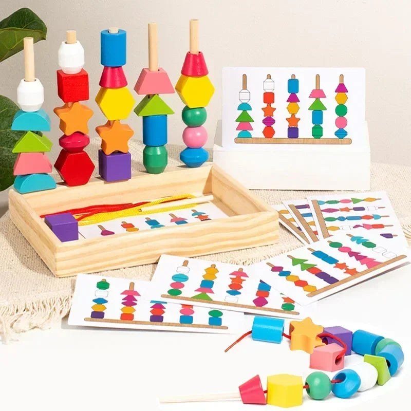 A wooden color and shape sorting toy featuring various colored and shaped pegs for toddlers.