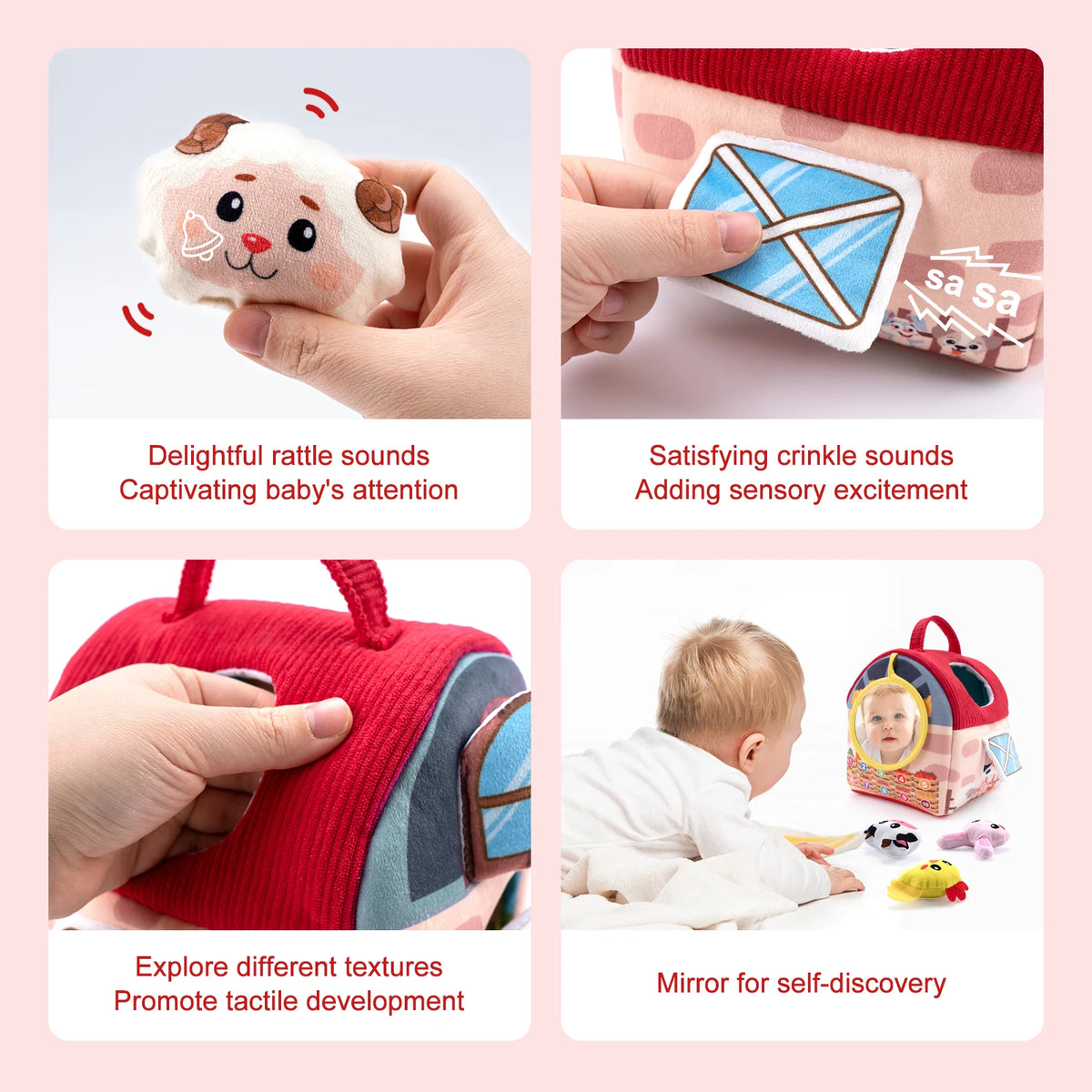 A set of soft plush farm animals featuring rattle and crinkle sounds for baby sensory play