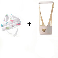 A set of a beige bear print anti-fall walking harness and head protection pillow for pets.
