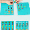 A hand is placing a wooden farm and fruit matching puzzle piece into a larger grid of similar pieces.