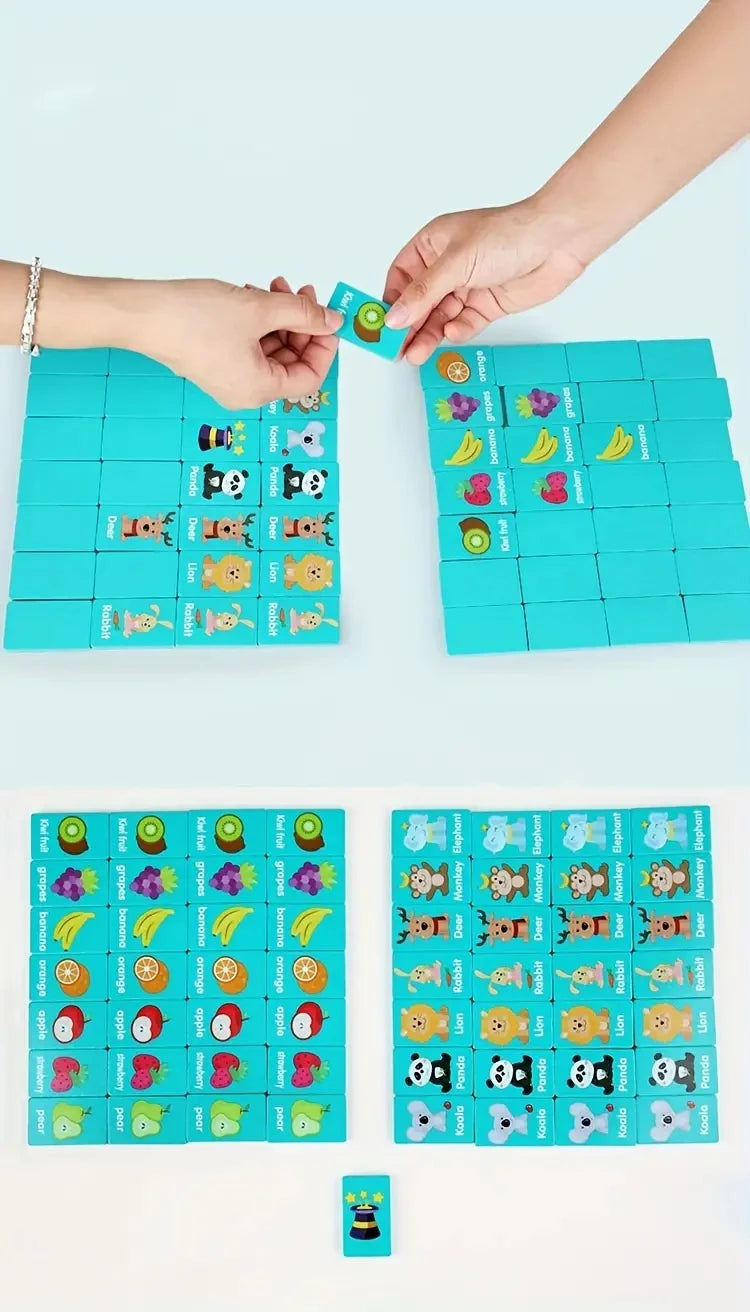 A hand is placing a wooden farm and fruit matching puzzle piece into a larger grid of similar pieces.