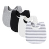 Ein Set aus drei Baby-Kragenhaltern in grau-, schwarz- und weiß gestreiften Muster.