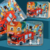 A set of wooden animal and vehicle jigsaw puzzles featuring characters and emergency vehicles.